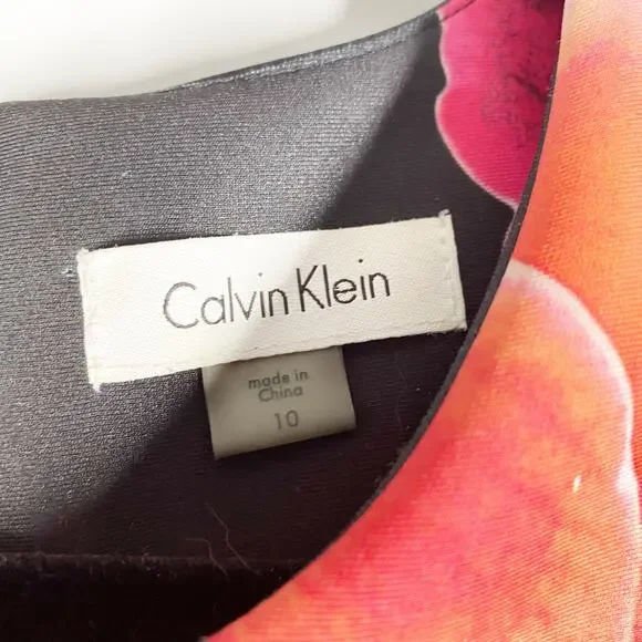Calvin Klein Floral Dress Fitted Black Scuba Sleeveless Womens Size 10 - Picture 3 of 9